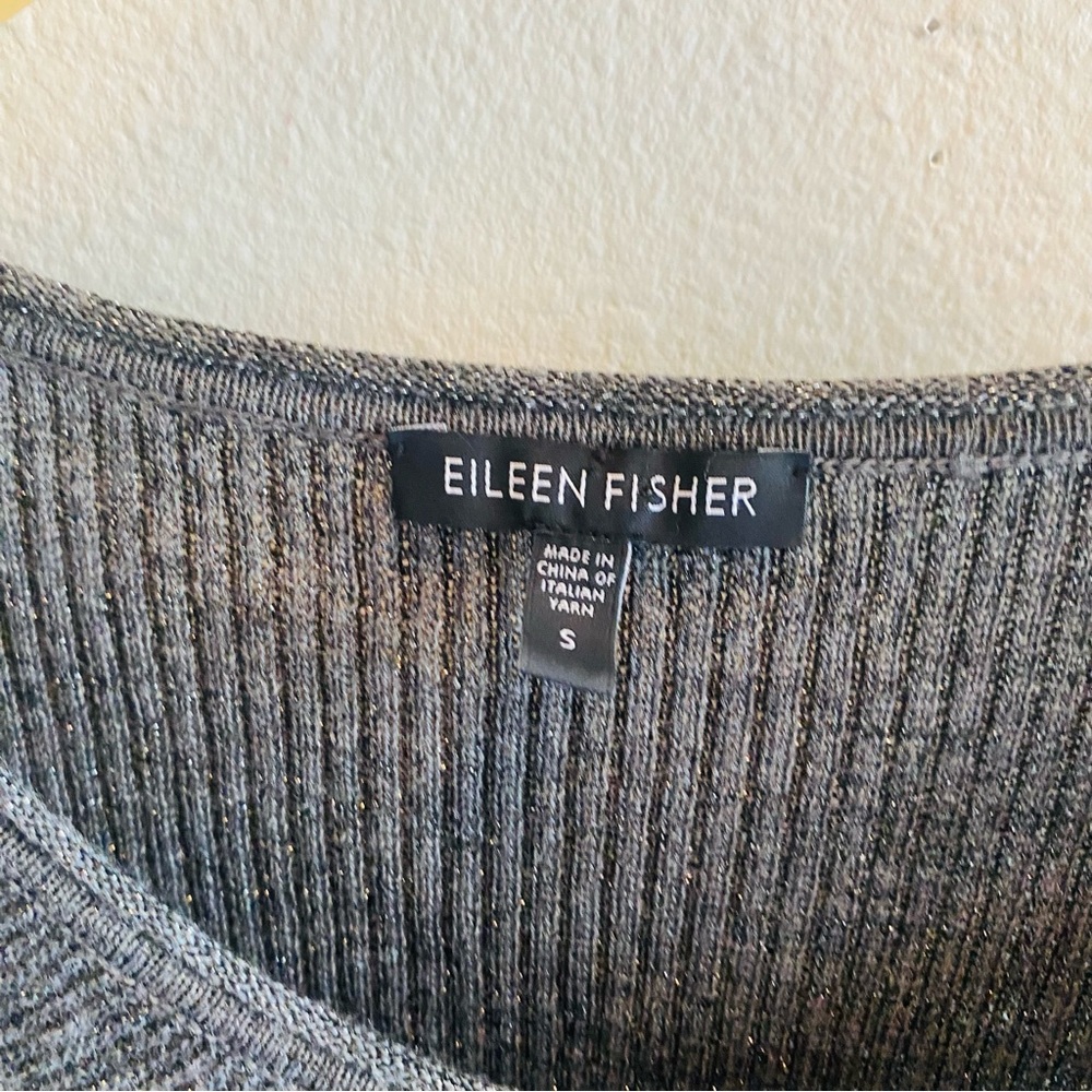 EILEEN FISHER Gray Wool Blend Ribbed Metallic Thread Sweater - Picture 3 of 4